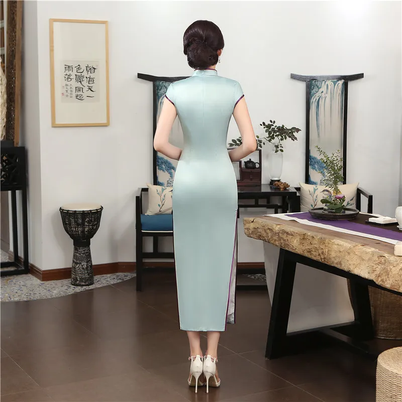 Шанхай история долго Cheongsam из искусственного шелка китайский высокое Разделение Qipao платье двойной Слои Винтаж платье Чонсам тонкий