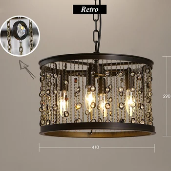 

American Vintage LED Crystal Candle Chandelier Iron Tassel Industrial Light Circular Restaurant Bar Crystal Lamp Living Room