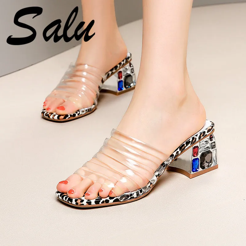 

Salu Women Sandals High Heels Peep Toe Crystal Materials Elegant Female Sandals Ladies Mules Casual Summer Shoes Woman
