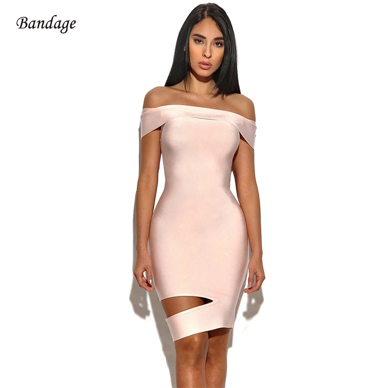 

2018 New Women Dress Pink Sleeveless Off The Shoulder Slash Neck Cut Out Bodycon Elegant Ladies Party Mini Bandage Dress Summer