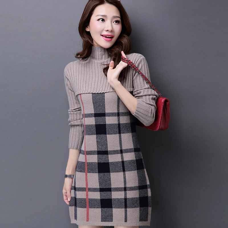 

Autumn Winter Women's Cashmere Sweater Dress Plus Size Turtleneck Plaid Knitted Sweater for Women Korean Fashion Long Pullovers