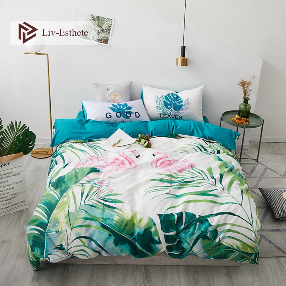 

Liv-Esthete Nordic Flamingo Plant 100% Cotton Bedding Set Decor Duvet Cover Pillowcase Flat Sheet Queen King Bed Set Hot Sale
