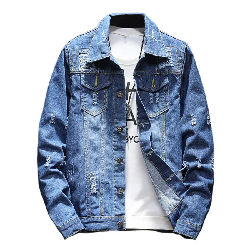 

Denim Jacket Mens Solid Casual Frayed Hole Bomber Jackets Men Autumn Winter Jean Jacket Cowboy Chaqueta Hombre Plus size coat