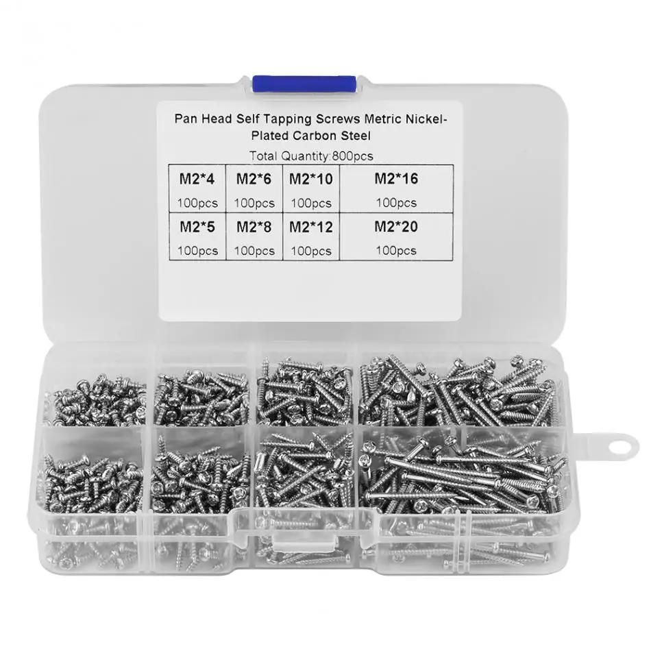 

Hot 800pcs M2 Cross Drive Pan Head Self-Tapping Screws Woodworking Fastener Assortment Kit with Box