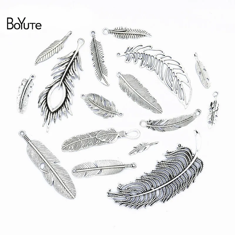 

BoYuTe Factory Direct Wholesale Mix 16 Styles Antique Silver Feather Pendant Charms Diy Alloy Jewelry Accessories