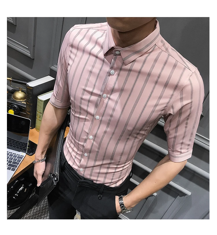 Высокое качество Мужская рубашка с коротким рукавом лето 2019 уличная полосатая рубашка платье Slim Fit Повседневная Деловая формальная одежда