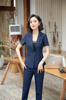 

2018 Fashion Navy Blue Casual Blazers Suits With Jackets And Pants For Women Uniform Designs Pantsuits Pants Suits Plus Size