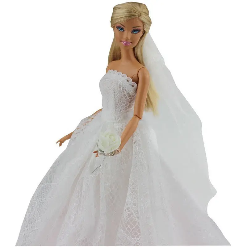 Saleaman Wedding Dress for Pretty Doll Princess Evening Party Clothes Wears Long Dress Outfit Set for Barbie Doll with Veil