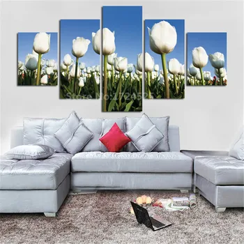 

5 Pcs Set Combined White Tulips Flower Paintings Modern Wall Painting Canvas Wall Art Home Decor For Living Room Unframed