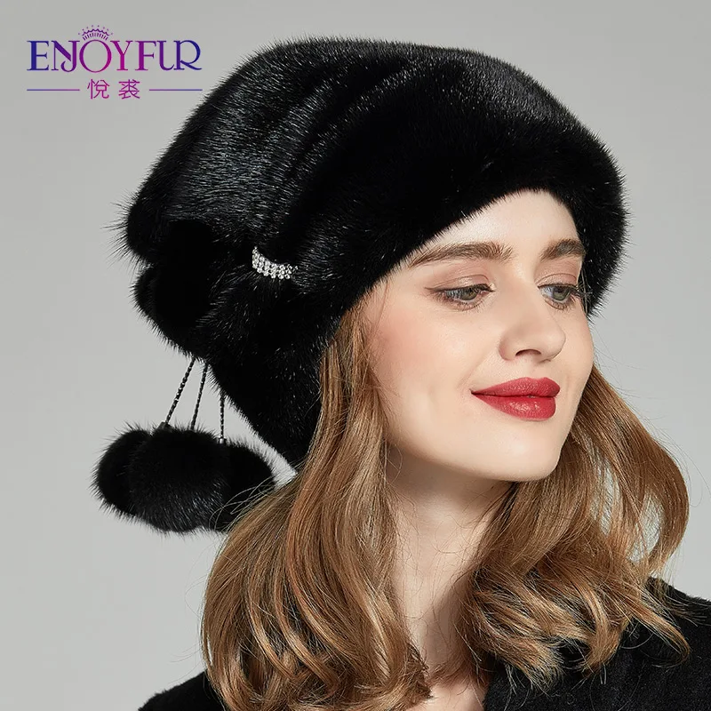 Goede ENJOYFUR Winter Mink Fur Vrouwen Hoeden Echt Bont Pompom Vrouwelijke Mode Cap 2018 Nieuwe Luxe Mink Fur Lady Mutsen