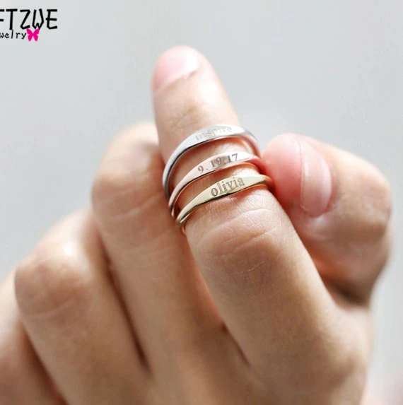 Gold Silver Custom Skinny Stacking Rings Personalized Name Ring For Women Best Friends Wedding Stainless Steel Bridesmaid Gift
