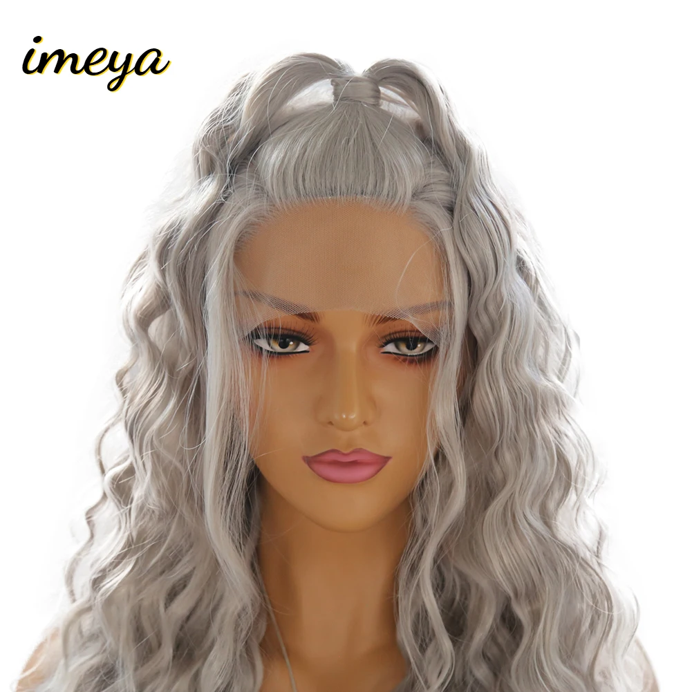 Imeya Long Grey Color Lace Front Wigs Wave Synthetic With Baby Hair High Temperature Heat Resistant Half Hand Tied For Women