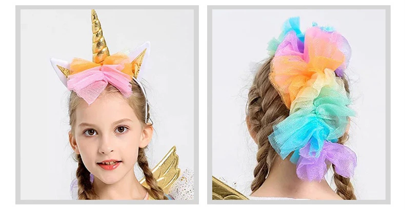 Girl Rainbow Unicorn Dress Kids Cosplay Halloween Costumes For Girls Princess Party Birthday Dresses Headband Wing Children Set (4)