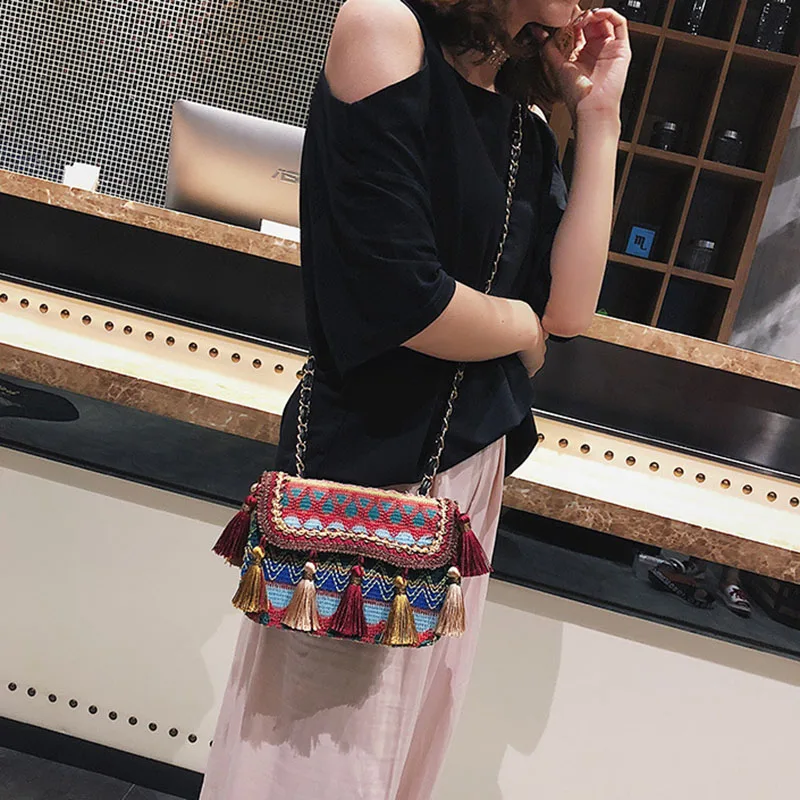 New Women Tassel Fashion Straw Bag INS Popular Female Summer Handbag Chains Lady Casual Shoulder Bag Beach Knit Crossbody SS3307 (13)