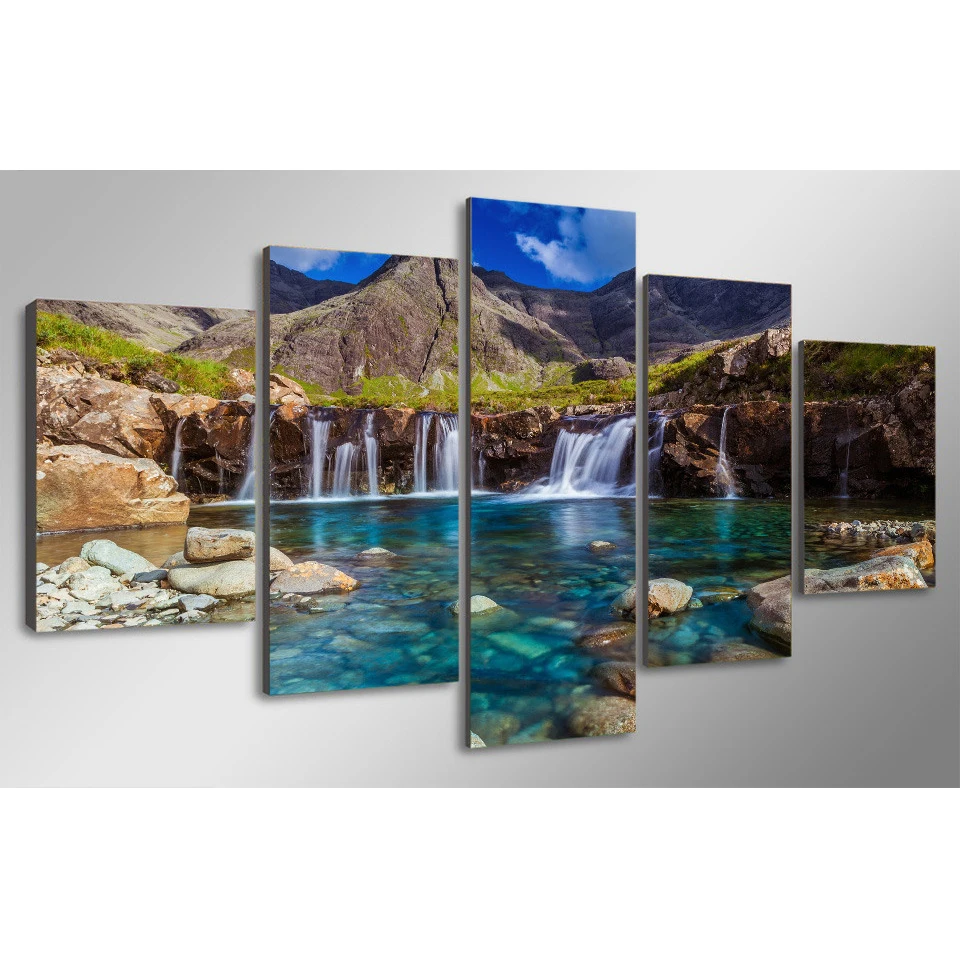 HD Prints For Living Room Home Decoration Wall Pictures 5 Panel Waterfall Mountain Artworks Paintings Canvas Cuadros Poster | Дом и сад
