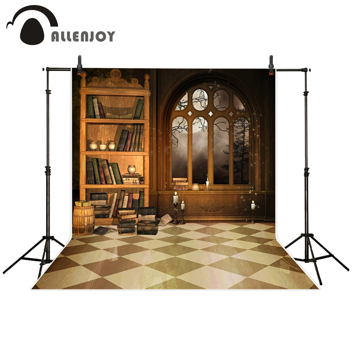 

Allenjoy photography backdrop Vintage Bookshelf European window Barrels Candle Alice Grid Ground background for photo studio