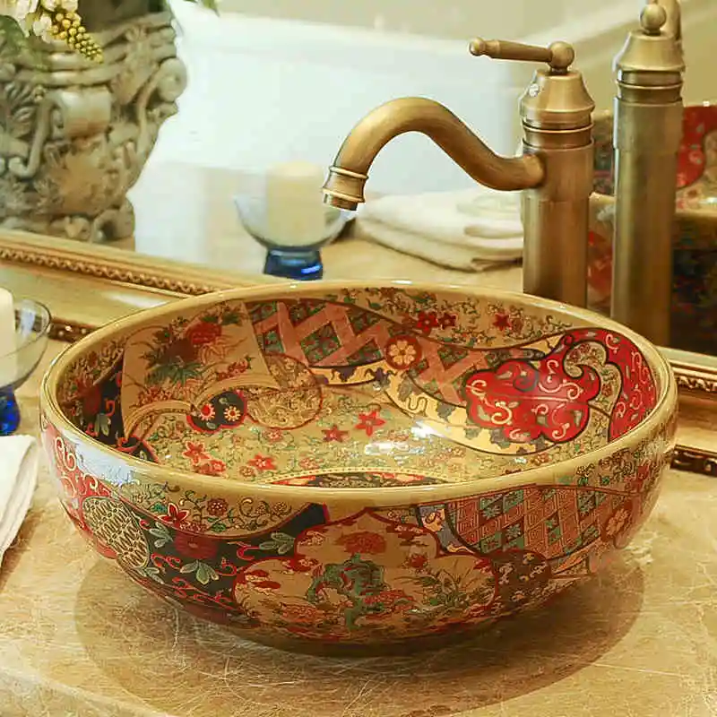 Chinese Cloakroom Counter Top porcelain wash basin bathroom sinks ceramic art round bowl sink (2)