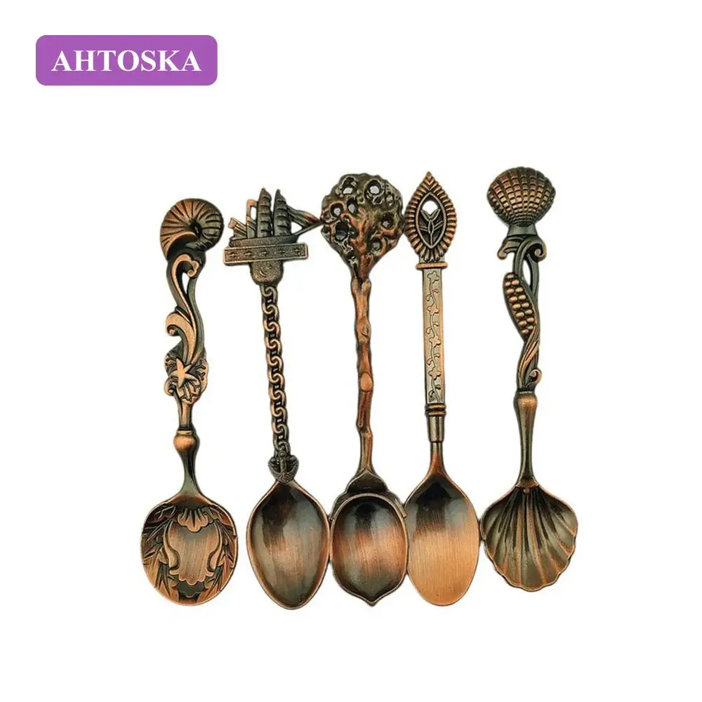AHTOSKA 5 Шт./лот Модная Ложка Королевский Стиль Бронзовый Резный Малый Для Кофе