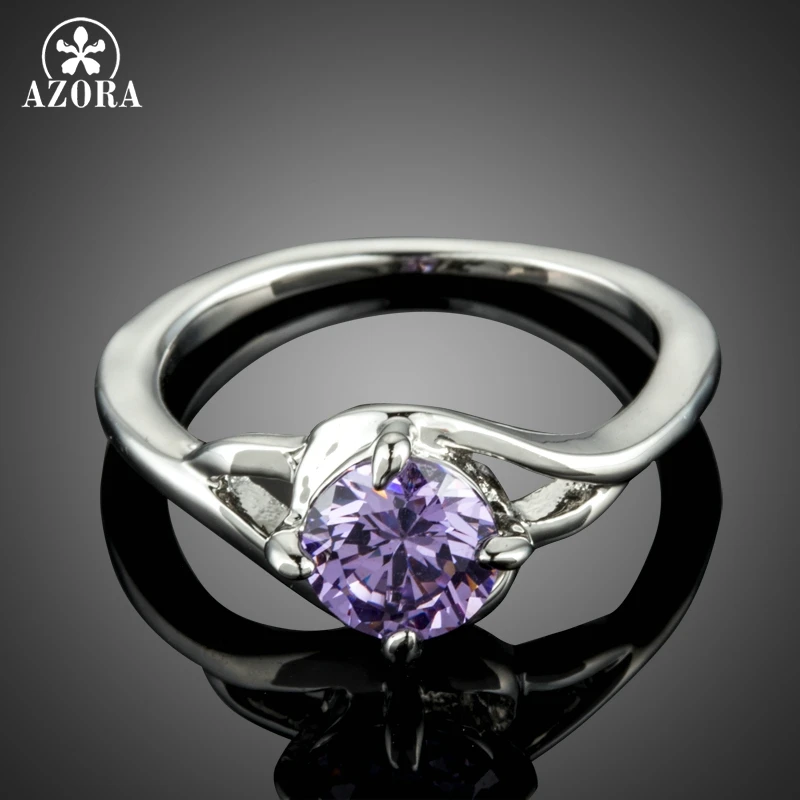 AZORA Brand Luxury White Gold Color Finger Rings For Women Purple Zirconia Engagement Charming Ring Fashion Jewelry Gifts TR0214