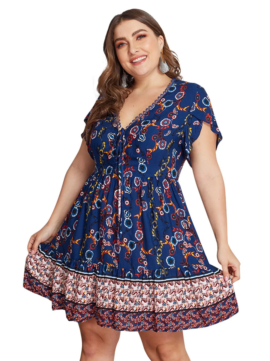 

Women Girl Dress Ladies Boho Style Ethnic Print Retro Short Sleeve V-Neck Floral Dress High Waist Summer Plus Size Dresses