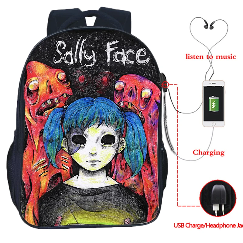 Sally Face USB зарядка школьные сумки подростковый рюкзак для ноутбука Хип-Хоп сумка повседневные дорожные сумки 16 дюймов Mochila