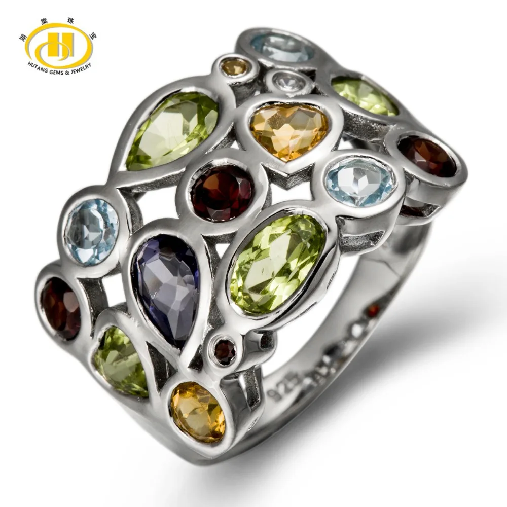 Hutang Genuine Multi-color Gemstones Solid 925 Sterling Silver Cluster Ring For Womens Jewelry Gift Romantic Wedding Rings