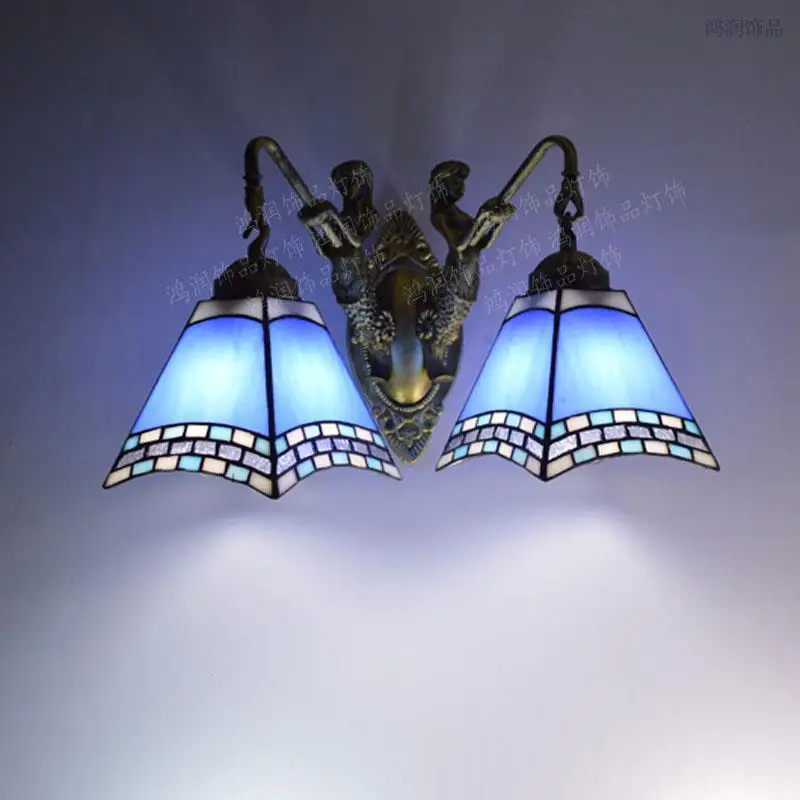

2 Lights Tiffany Wall Lamp Mediterranean Sea Style Mermaid Wall Sconces Bathroom Bedroom Mirror Cabinet Fixtures E27 110-240V