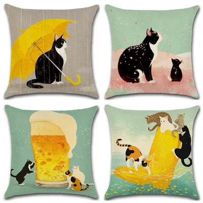 Home decoration bedroom sofa new naughty cat series cute cat yellow umbrella hug pillow cover cushion set linen Dropship 0808