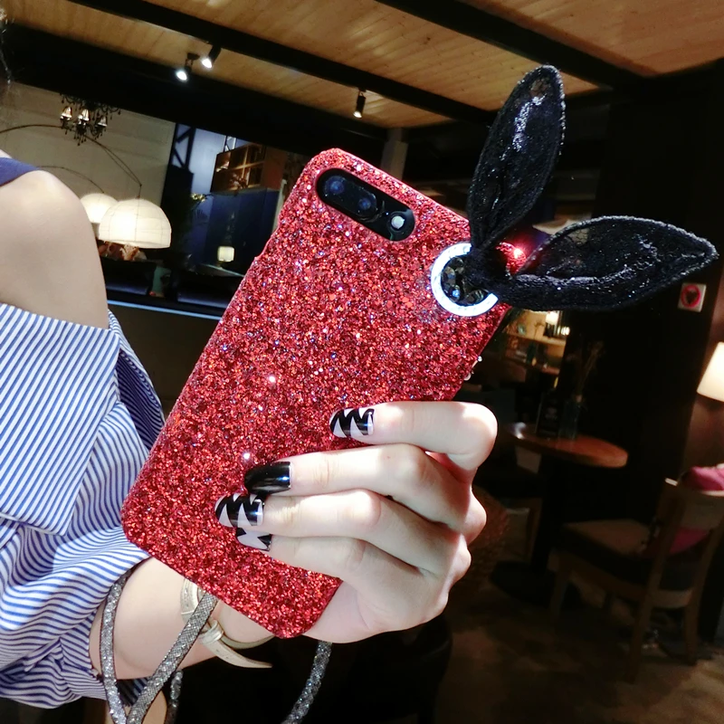 Aoweziic Hot Japan mobile phone shell female For iphone X XS XS MAX protective sleeve glitter lace 6s 7 8Plus strap rabbit ears