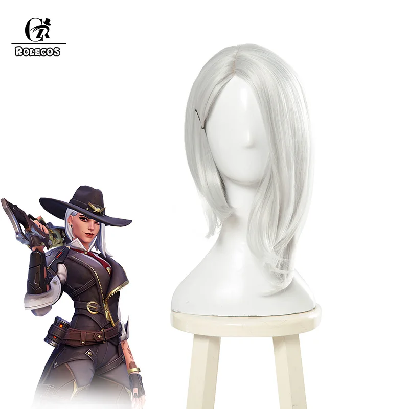 

ROLECOS OW Ashe Cospaly Game Over New Hero Ashe Cosplay Hair Watch Cosplay Silver and White Women Hair 35CM