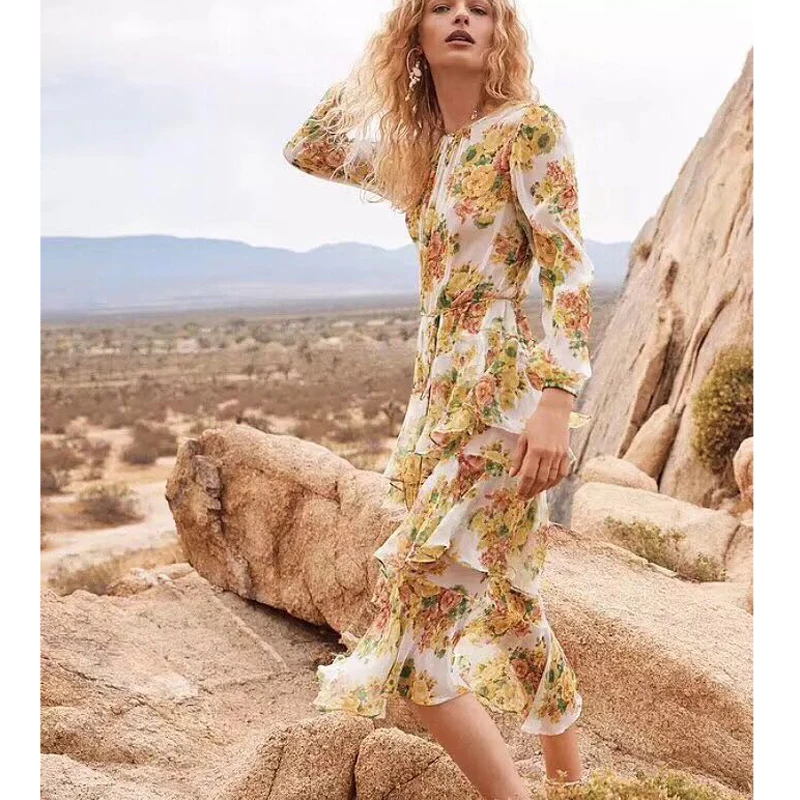 

2018 New Arrival High Quality Luxury Designer Yellow Ruffles Irregular Floral Print Midi Boutique Dress Vocation Beach Dress