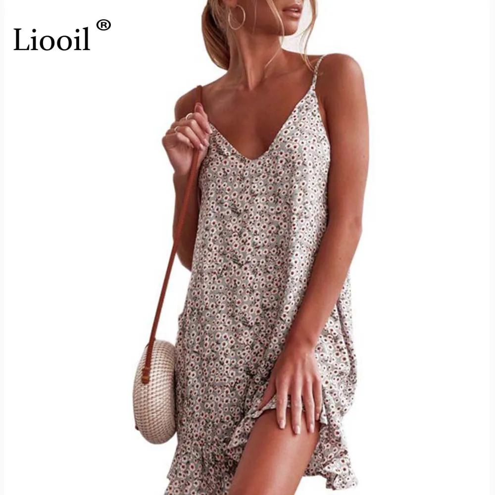 

Liooil Bohemian Casual Print Floral A-Line Mini Dress Women Clothes 2019 Spaghetti Strap Summer Dress High Waist Ruffle Dresses