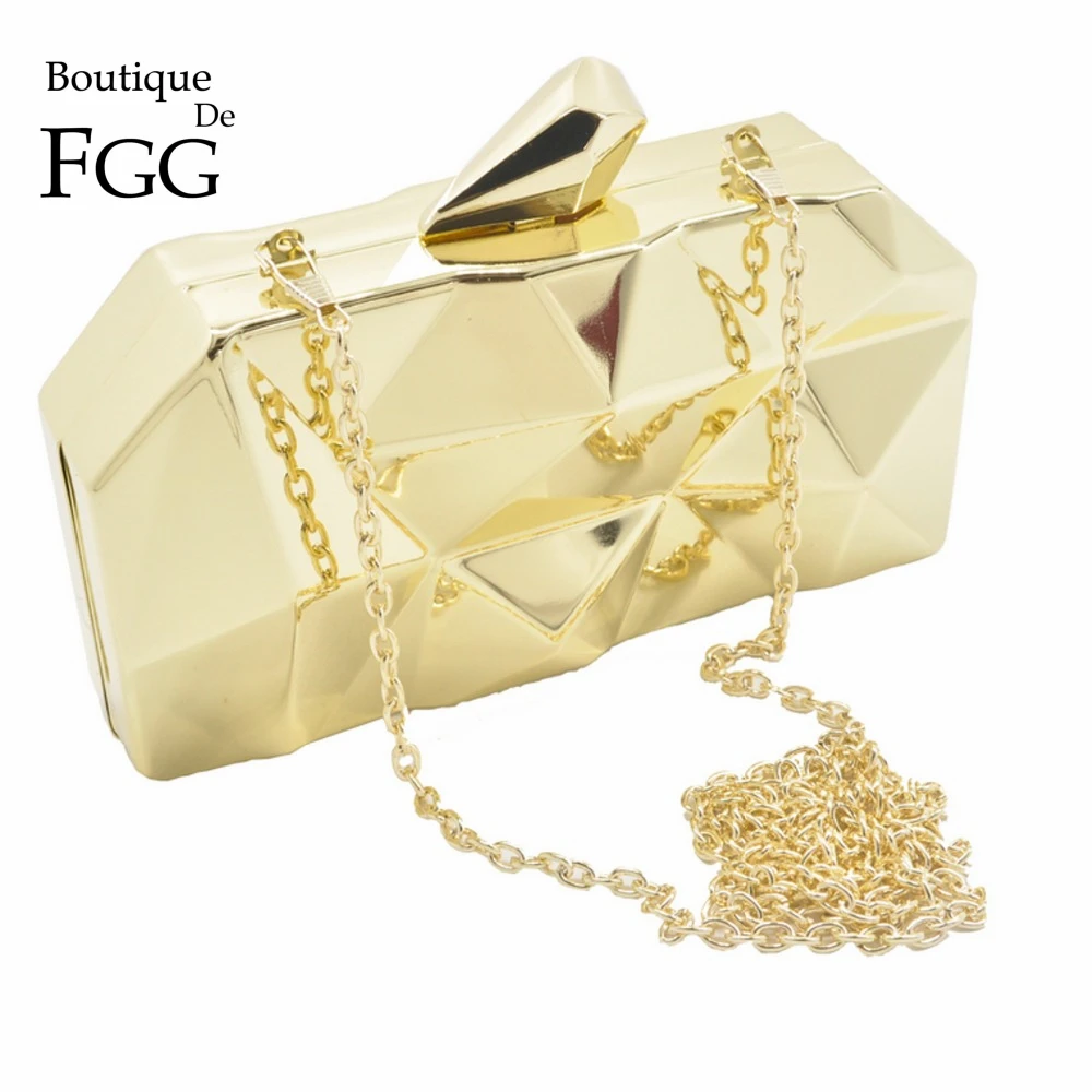 

Boutique De FGG Top Quality Hexagon Women Metal Clutches Fashion Evening Party Bag Gold Box Clutch Purse Chain Shoulder Handbag