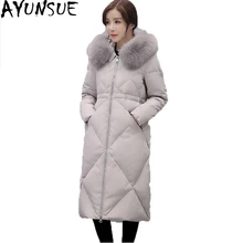 Повседневное тонкое женское пуховое пальто Новая модная белая пуховая куртка большой меховой воротник с капюшоном Женская длинная парка зимняя одежда ST383