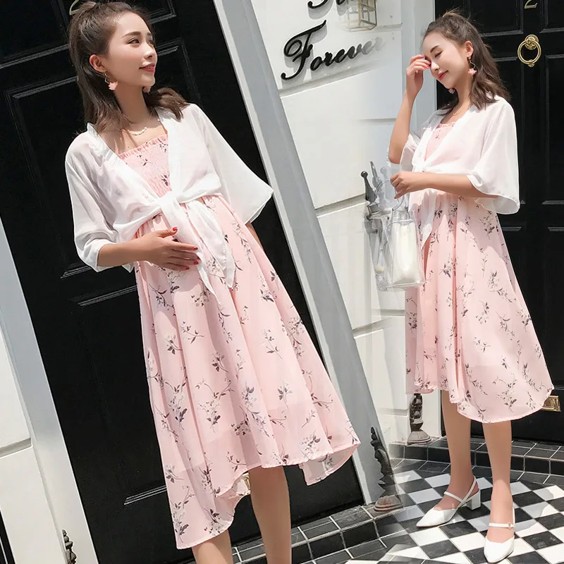 

Goaryunve pregnant women spring summer floral chiffon dress two-piece set short sleeve chiffon cardigans+strap floral dress suit