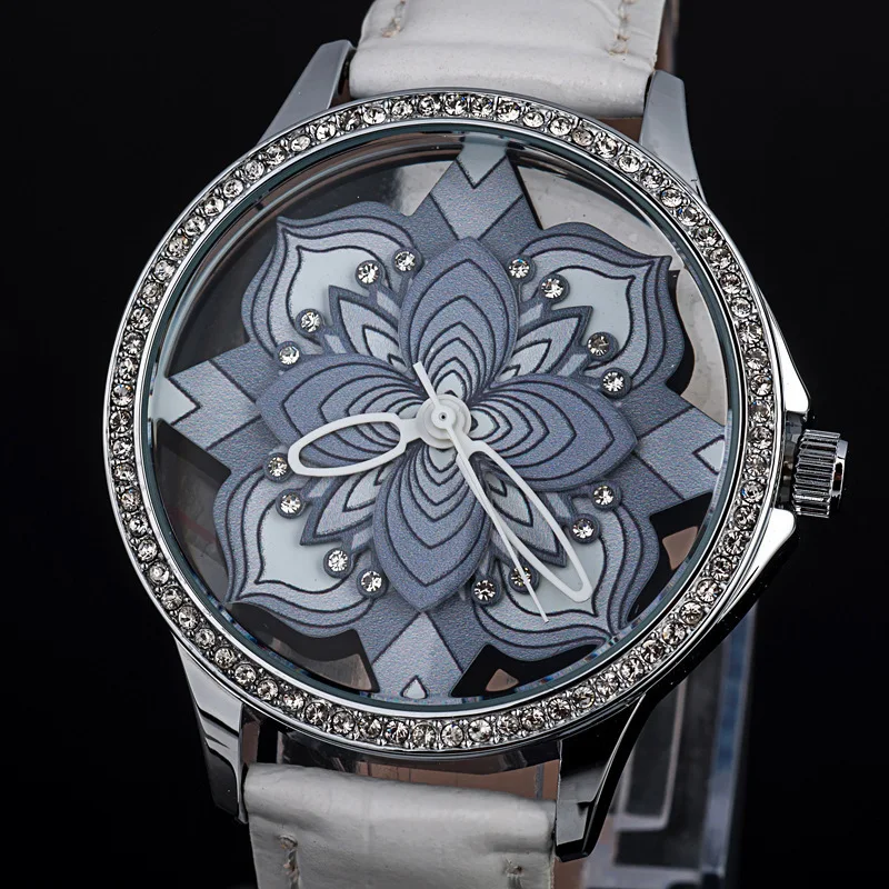 Модный винтажный калейдоскоп женское платье часы романтические цветочные кристаллы наручные часы кожа Relojes прозрачный чехол NW4522
