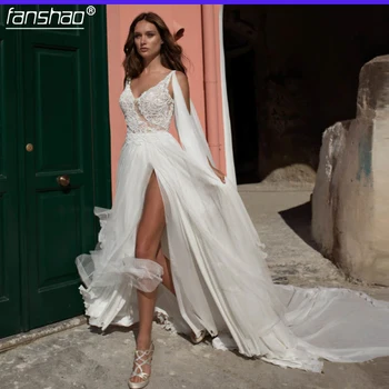 

Boho Wedding Dress V-Neck Lace Chiffon Slit Illusion Bridal Dress Wedding Gown vestido de noiva Custom Made