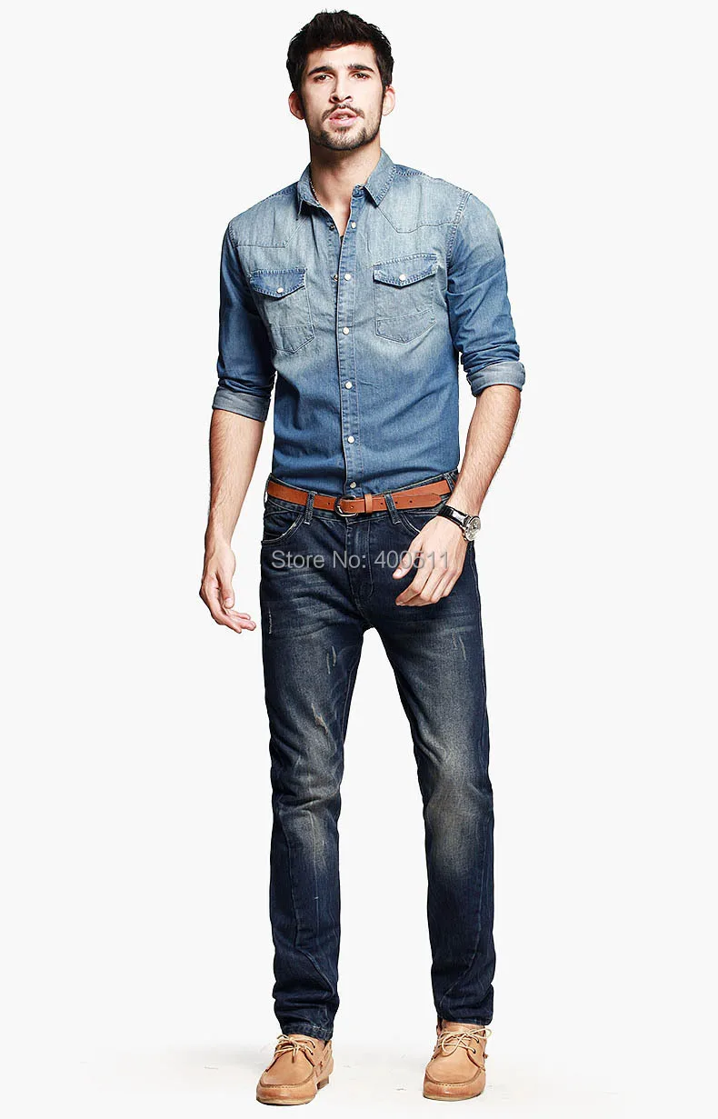 Бесплатная доставка Мужская модная одежда с длинным рукавом джинсовые рубашки 14572