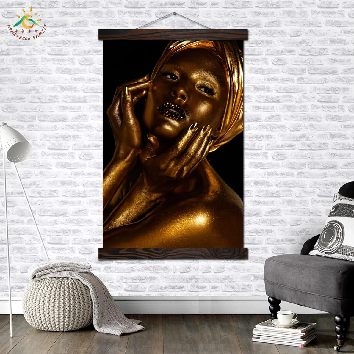 

Gold Make-up Girl Modern Wall Art Print Pop Art Picture And Poster Solid Wood Hanging Scroll Canvas Painting Home Decor