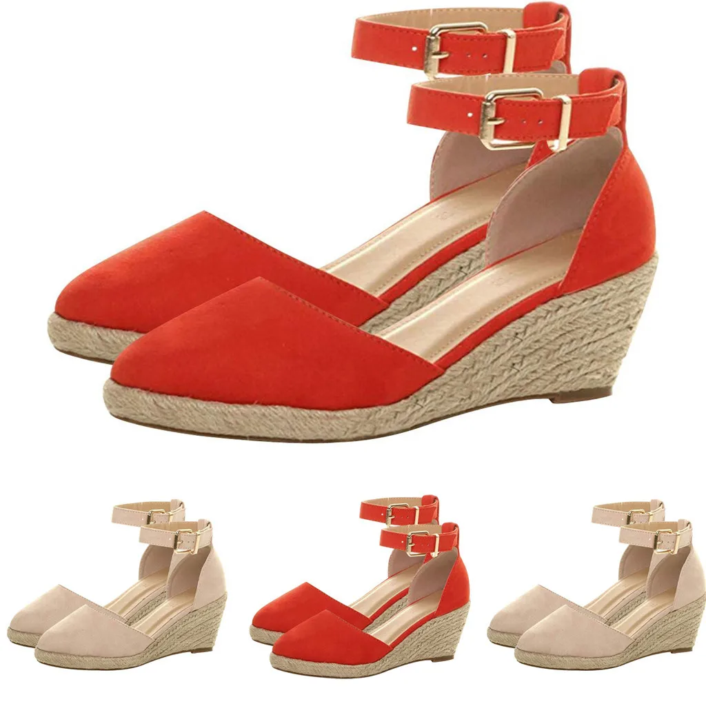 

Women's sandals solid color Buckle Ankle Strap Sandals straw Wedges Sandals Summer Weaving Breathable Shoes Large size 35-43
