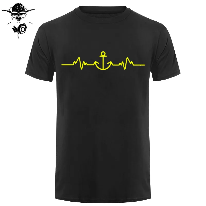 Sailinger Anchor Pulse Heartheat Футболка-Yacht Sail Tee Забавный подарок на день рождения Футболка с принтом Мужская брендовая футболка Новинка - Цвет: black yellow