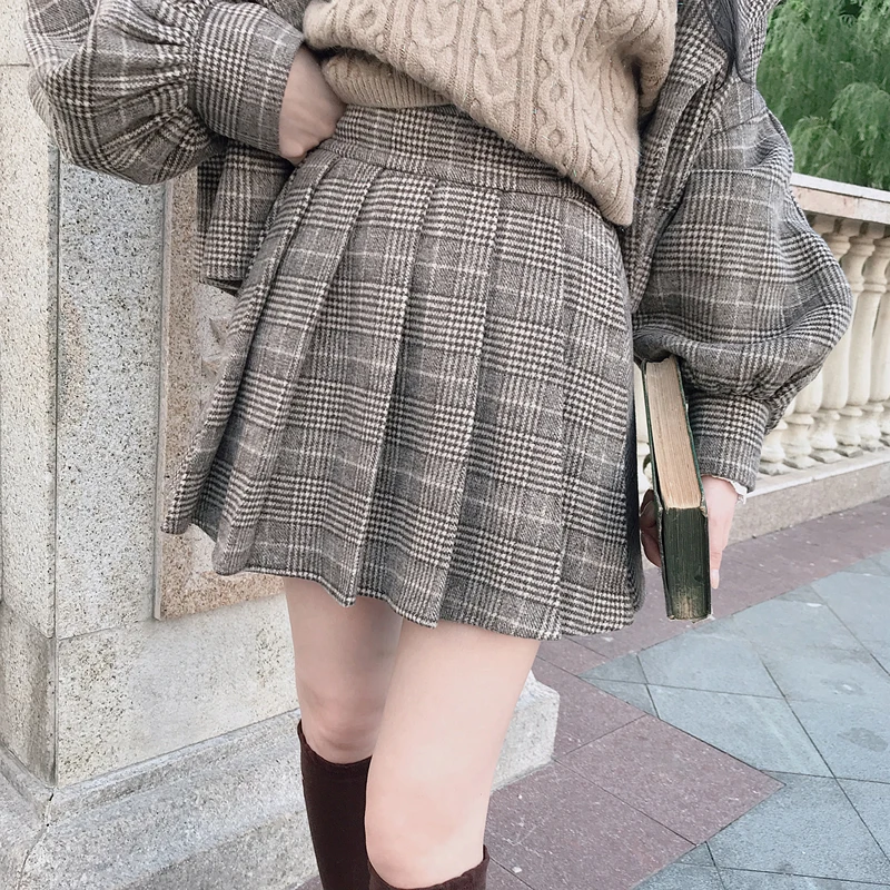 

KEQI Bobon21 Skirts Womens Pleated Skirt Shorts Plaid Woolen High Waist A Line Japanese Tartan School Autumn Winter B1671