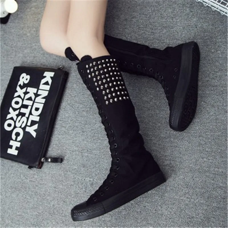

WADNASO 2019 Adult Fashion Gothic PUNK Women Boots Women Knee High With side zipper canvas shoes 34-43 White Black
