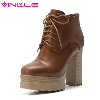 

VINLLE 2020 Women Ankle Boots Platform Square High Heel Round Toe Synthetic Winter Shoes Women Motorcycle Boots Big Size 34-42