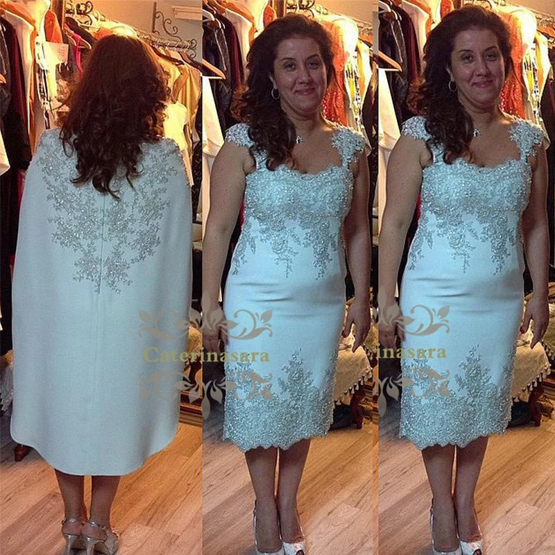

Plus Size Fit and Flare / Mermaid Cap Sleeves Neck Tea Length Over Lace Mother of the Bride Dress with Appliques