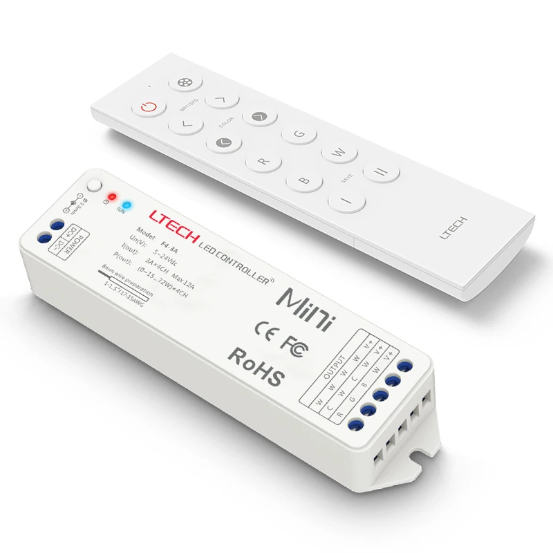 

LTECH Led rgbw strip contronller 12V 24V input 3Ax4CH 12A Output 2.4GHz RF remote Wireless Panel Led Strip rgbw Controller