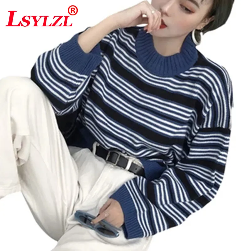 

2019 New Arrival Women Casual Pullovers Sweaters Knitted Sweater Autumn Loose Striped Turtleneck Sweaters Q241