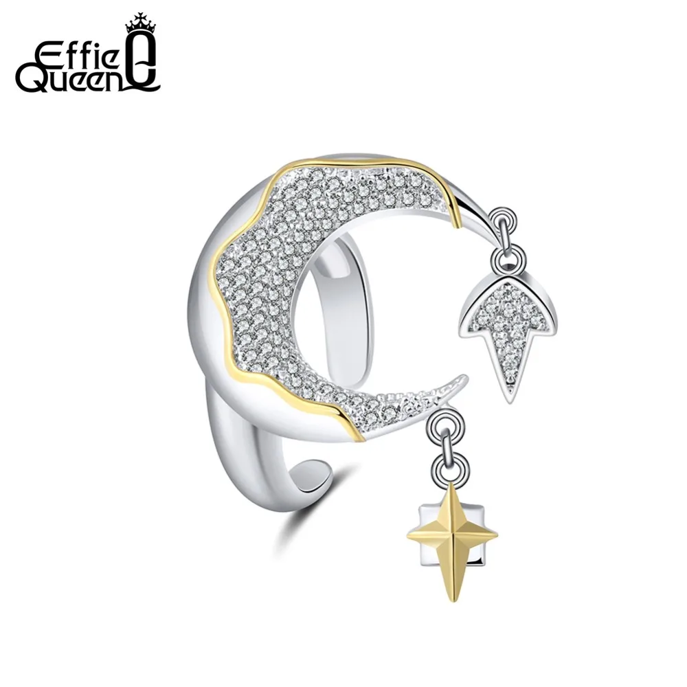 

Effie Queen Adjustable Women Rings Moon Shape Dangle Gold-color Star AAA Cubic Zircon Big Finger Ring 30mm Trendy Jewelry DR185