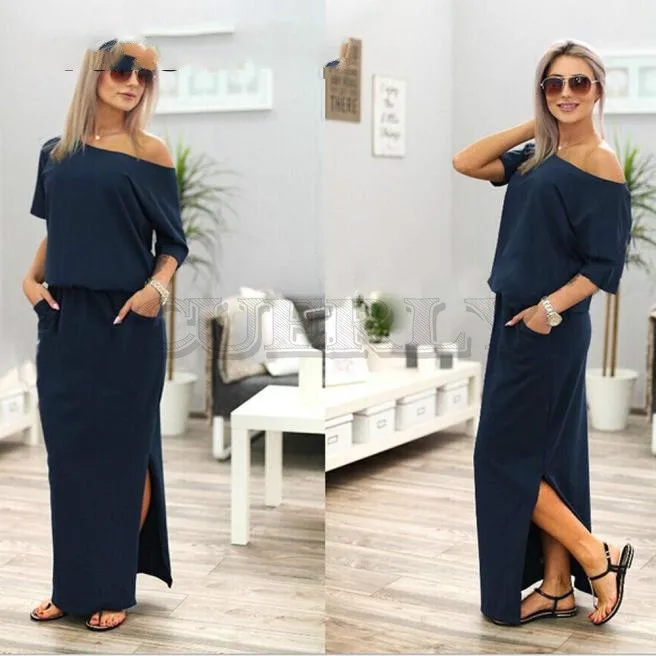 Image Free Ostrich 2019 Women Summer Long Maxi Boho Evening Party Dress With Pocket Solid Casual Fashion Navy Blue Long Dress For Lady