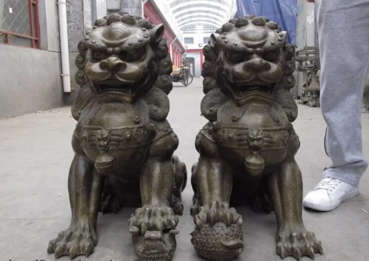

free China classical Bronze Copper Feng Shui Evil Guardian Door Fu Foo Dog Lion Pair fast